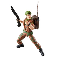 Camouflaged soldier action figure holding a rifle with a backpack and antenna