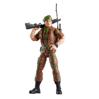 Military action figure in camouflage uniform, green beret, and black boots holding a rifle
