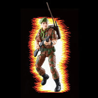 Military action figure holding a rifle against a colorful retro background