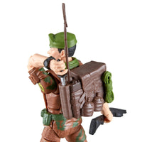 Toy soldier figure wearing a green hat and camouflage clothing with a backpack, bow, and black gun
