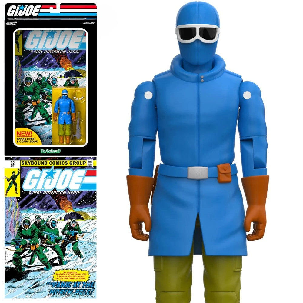 Blue GI Joe action figure beside vintage comic packaging with matching artwork