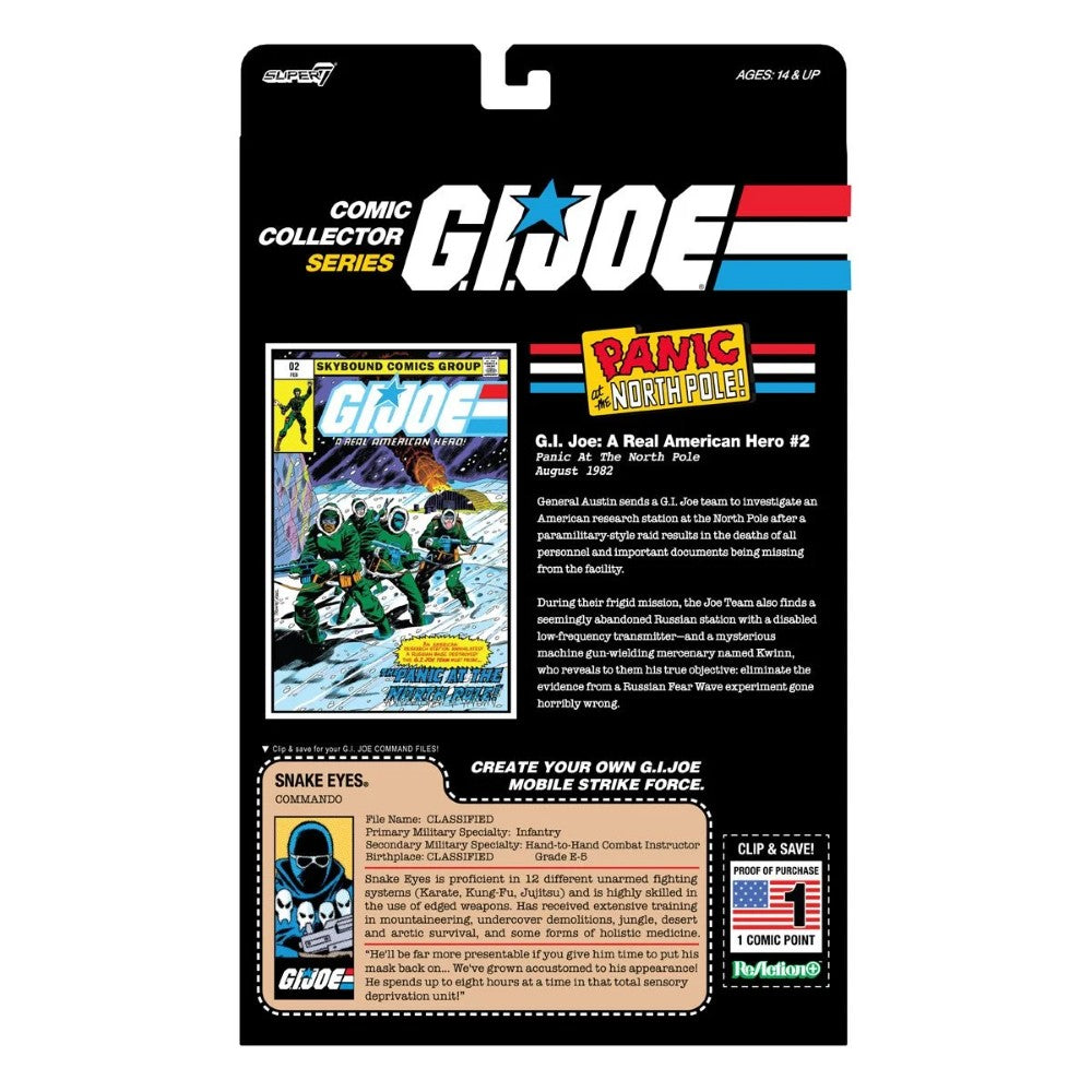 G.I. Joe Comic Collector Series card featuring Snake Eyes, comic cover, and character information