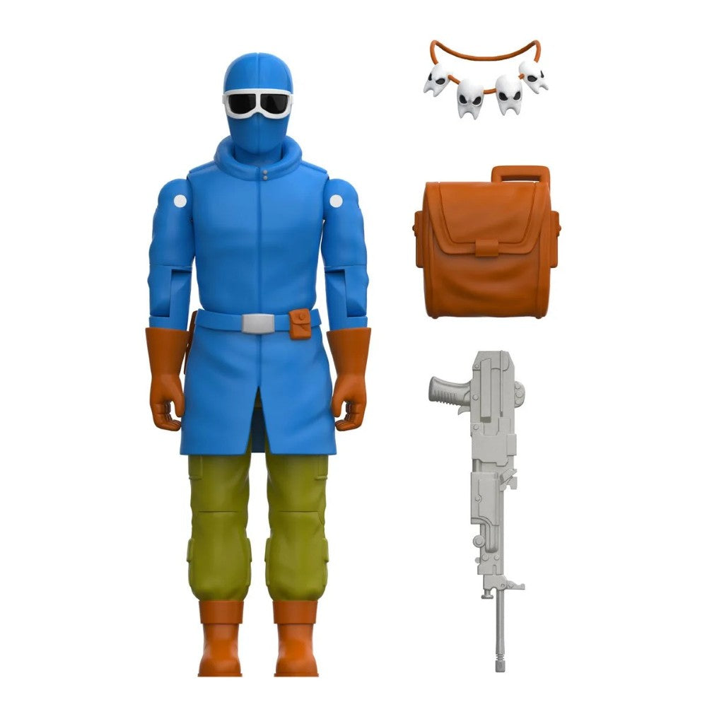 Blue masked figure with brown gloves, green pants, a satchel, skull necklace, and gray rifle