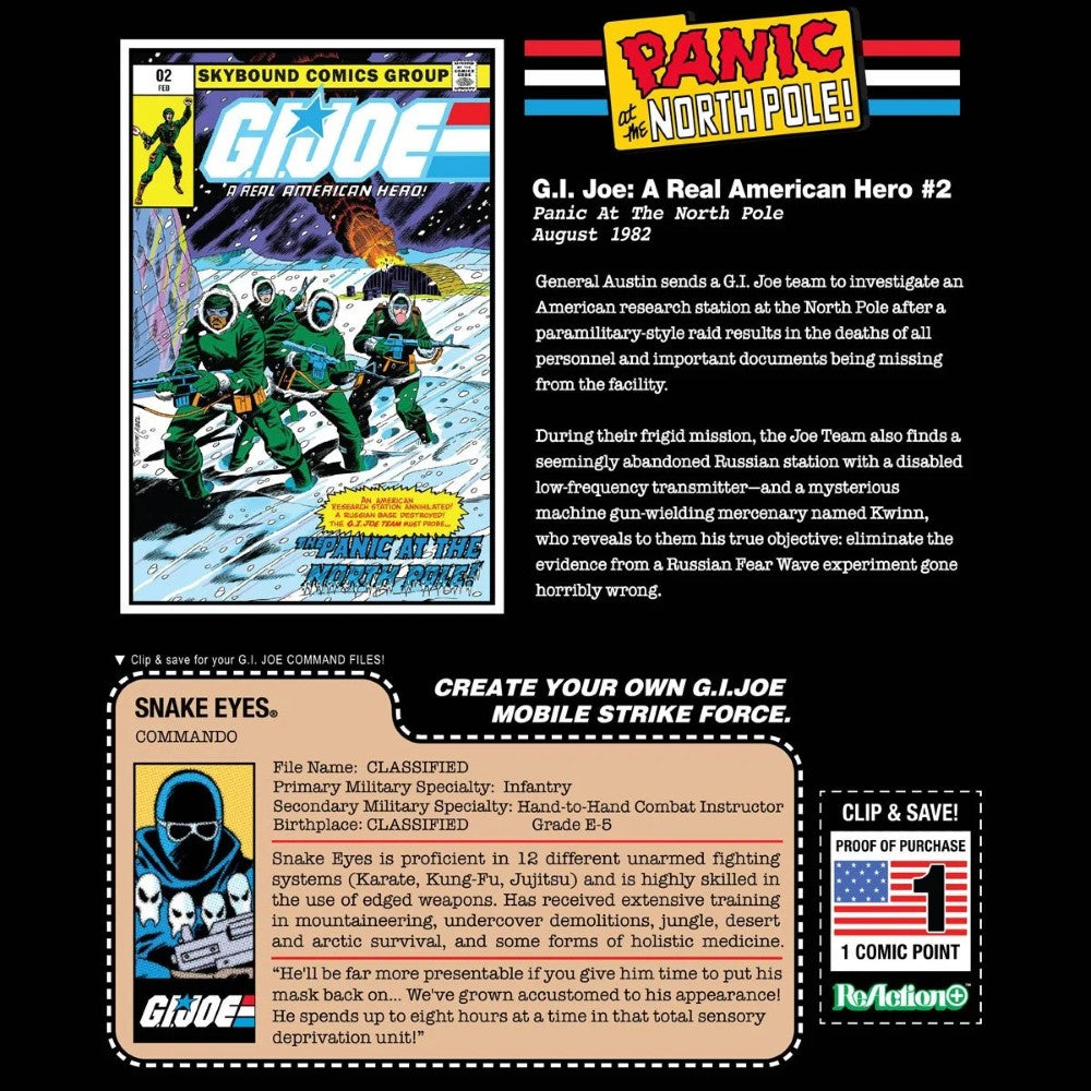 G.I. Joe comic page featuring Panic at the North Pole story and a Snake Eyes command file