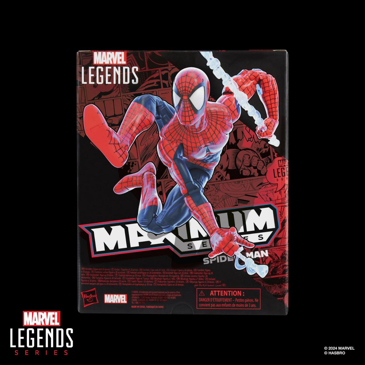 Hasbro Marvel Legends Maximum Series 6 inch Spider-Man action figure packaging showing Spider-Man swinging on web