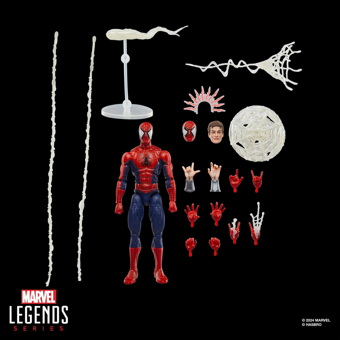 Hasbro Marvel Legends 6 inch Spider-Man figure with multiple hands, web accessories, and two interchangeable heads.