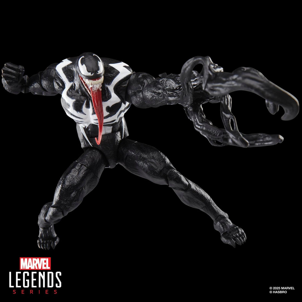 Hasbro Marvel Legends Gamerverse Venom action figure in dynamic pose with extended symbiote arm weapon.