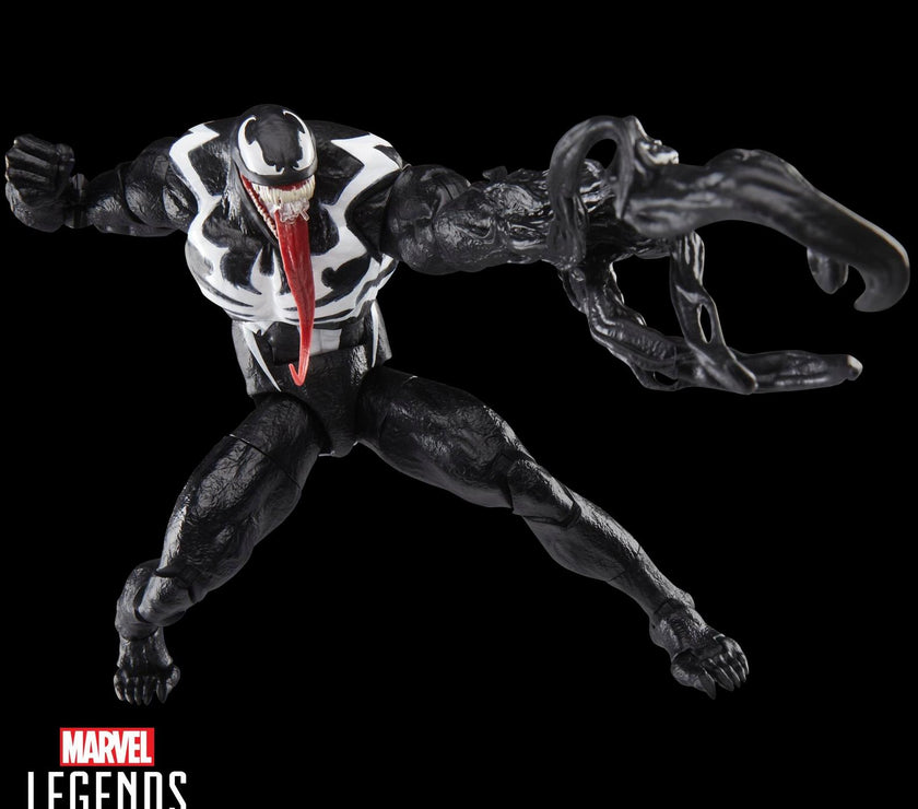 Hasbro Marvel Legends Gamerverse Venom action figure in dynamic pose with extended symbiote arm weapon.