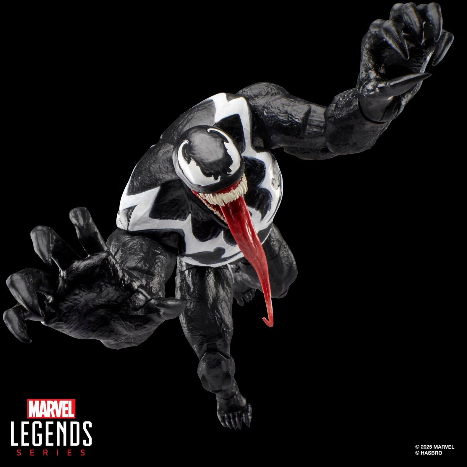 Hasbro Marvel Legends Venom action figure with extended tongue and detailed articulation in dynamic pose on black background