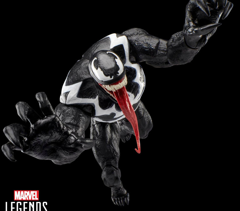 Hasbro Marvel Legends Venom action figure with extended tongue and detailed articulation in dynamic pose on black background