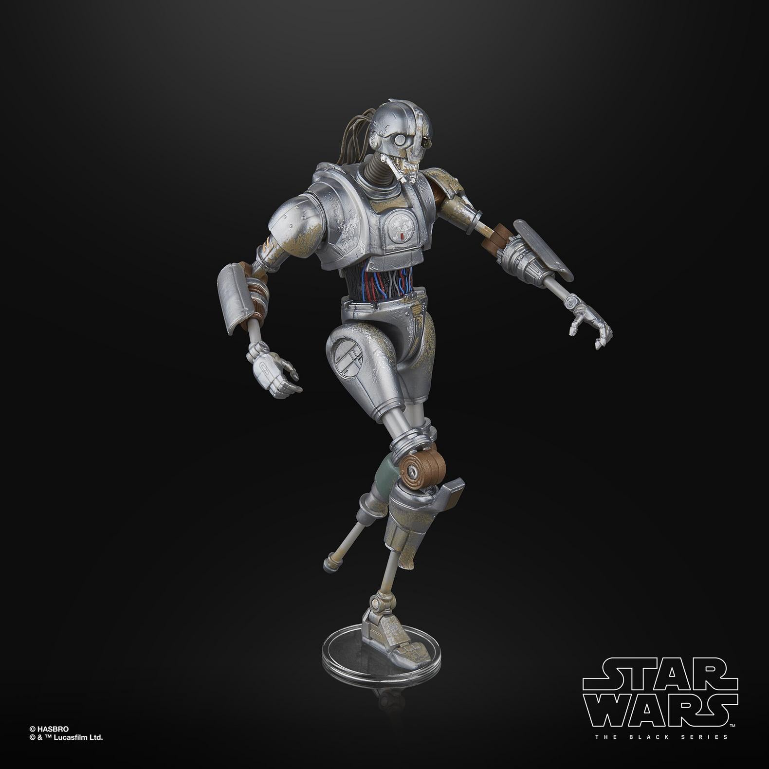 Star Wars Black Series SM-33 droid action figure by Hasbro posed dynamically on clear stand with detailed armor and wiring.
