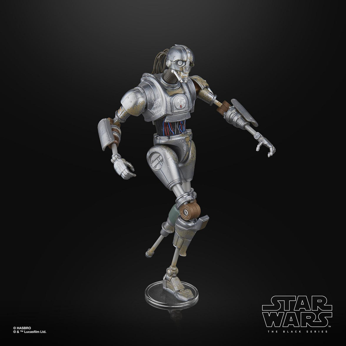 Star Wars Black Series SM-33 droid action figure by Hasbro posed dynamically on clear stand with detailed armor and wiring.