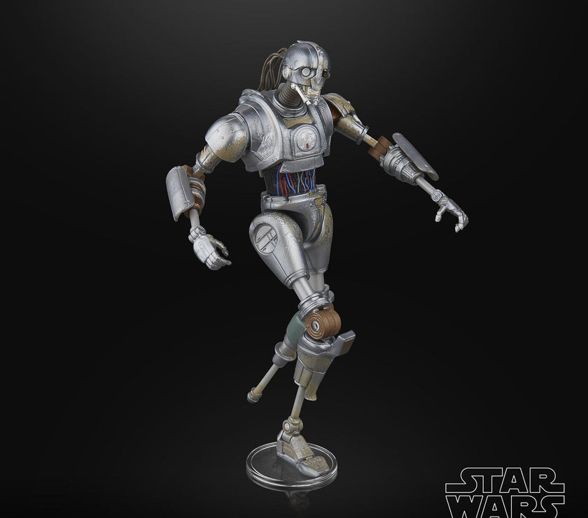 Star Wars Black Series SM-33 droid action figure by Hasbro posed dynamically on clear stand with detailed armor and wiring.