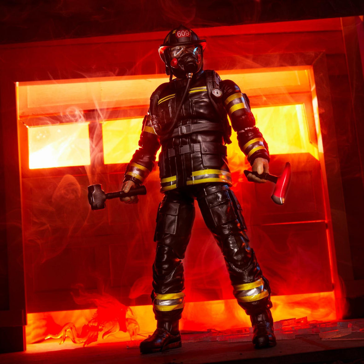 Hasbro G.I. Joe Classified Series 6-inch Search and Rescue Firefighter action figure with gear in fiery backdrop