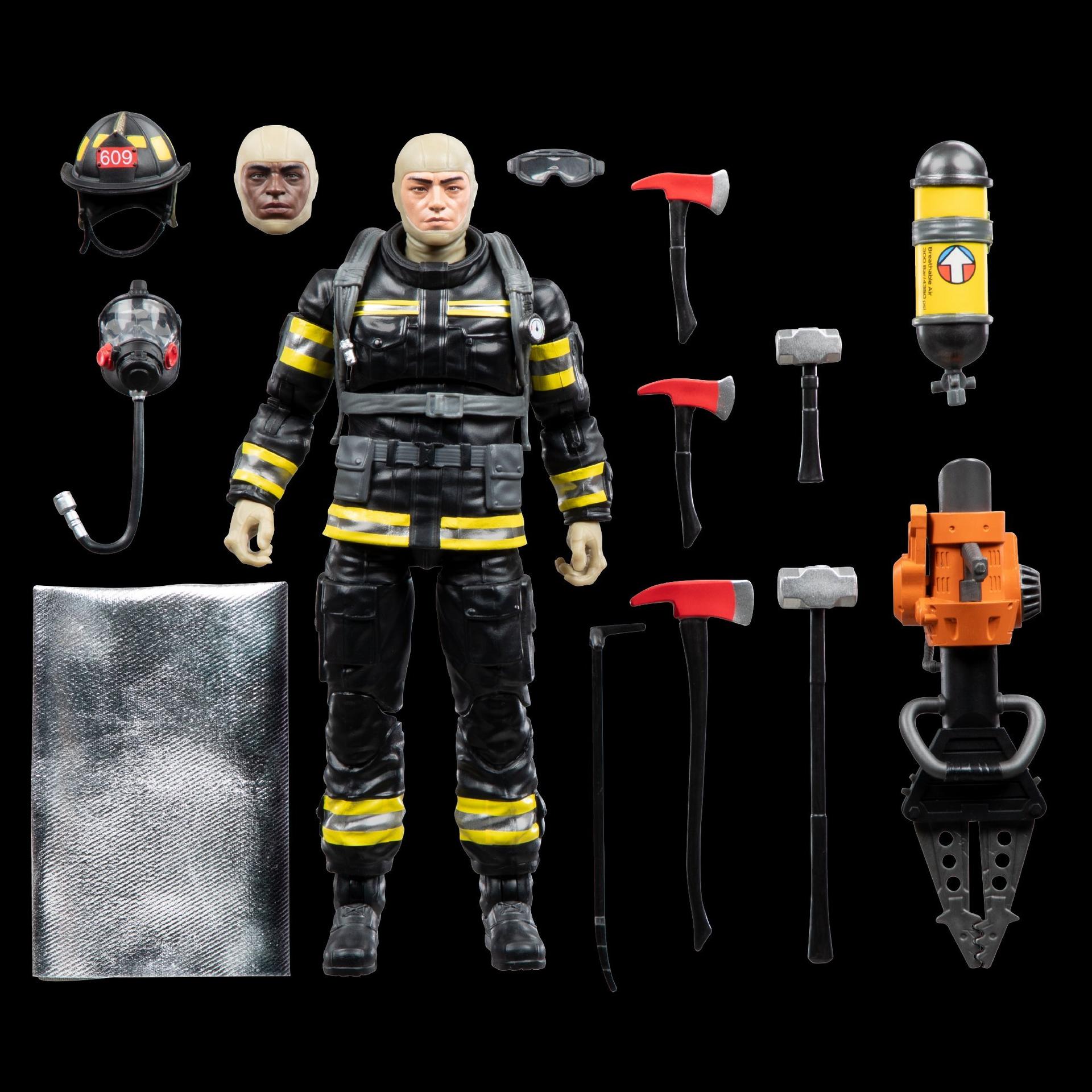 Hasbro G.I. Joe Classified Series 6-inch Search and Rescue Firefighter action figure with accessories on black background