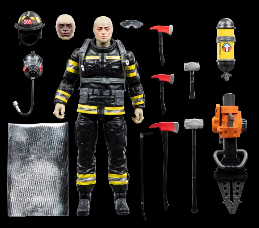 Hasbro G.I. Joe Classified Series 6-inch Search and Rescue Firefighter action figure with accessories on black background