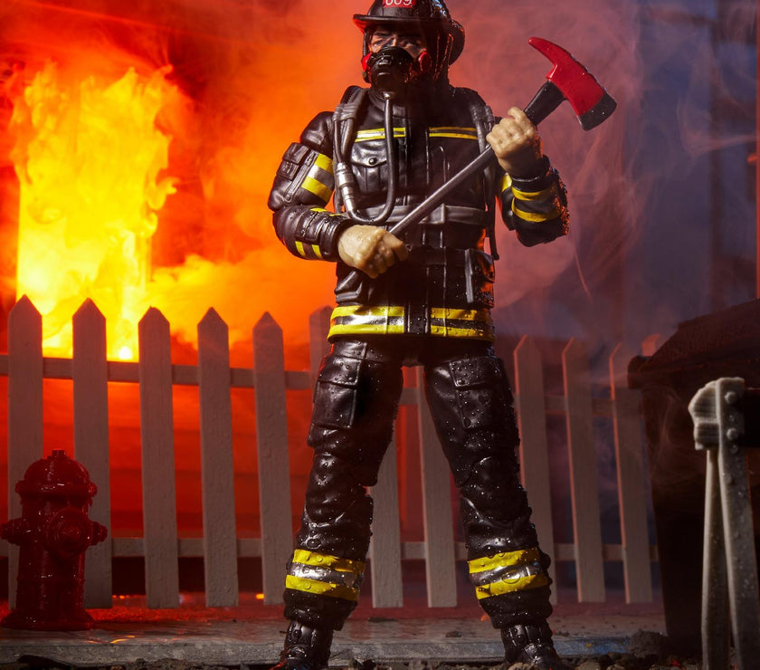 Hasbro G.I. Joe Classified Series 6-inch Search and Rescue Firefighter action figure holding fire axe by burning fence