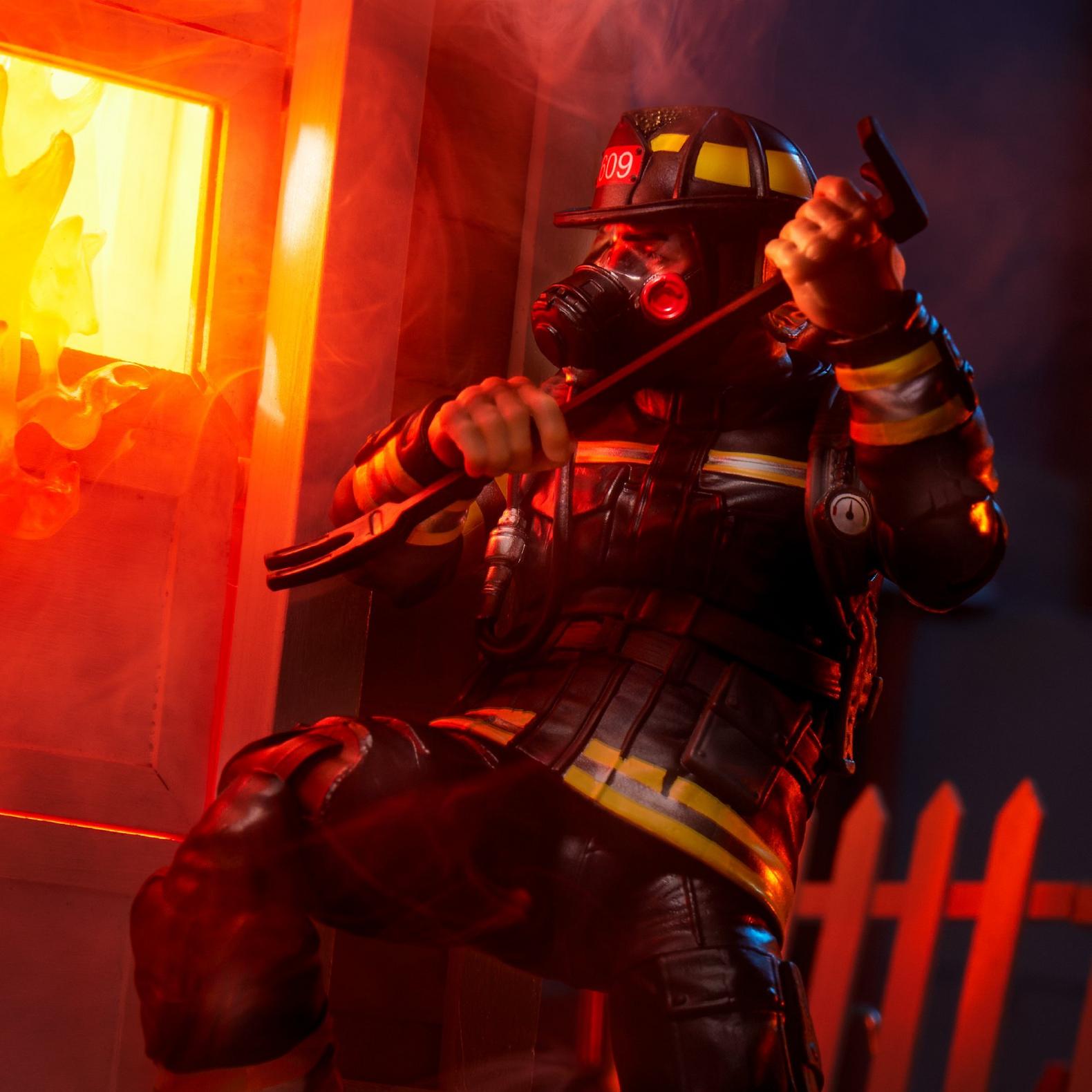 Hasbro G.I. Joe Classified Series 6-inch Search and Rescue Firefighter action figure in firefighting gear with tools.