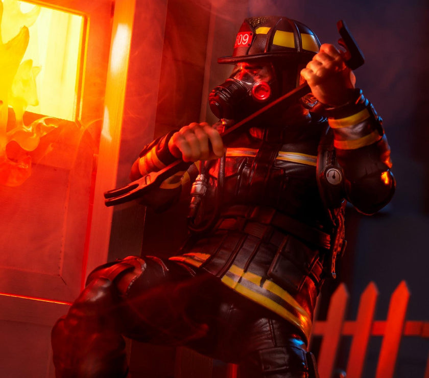 Hasbro G.I. Joe Classified Series 6-inch Search and Rescue Firefighter action figure in firefighting gear with tools.