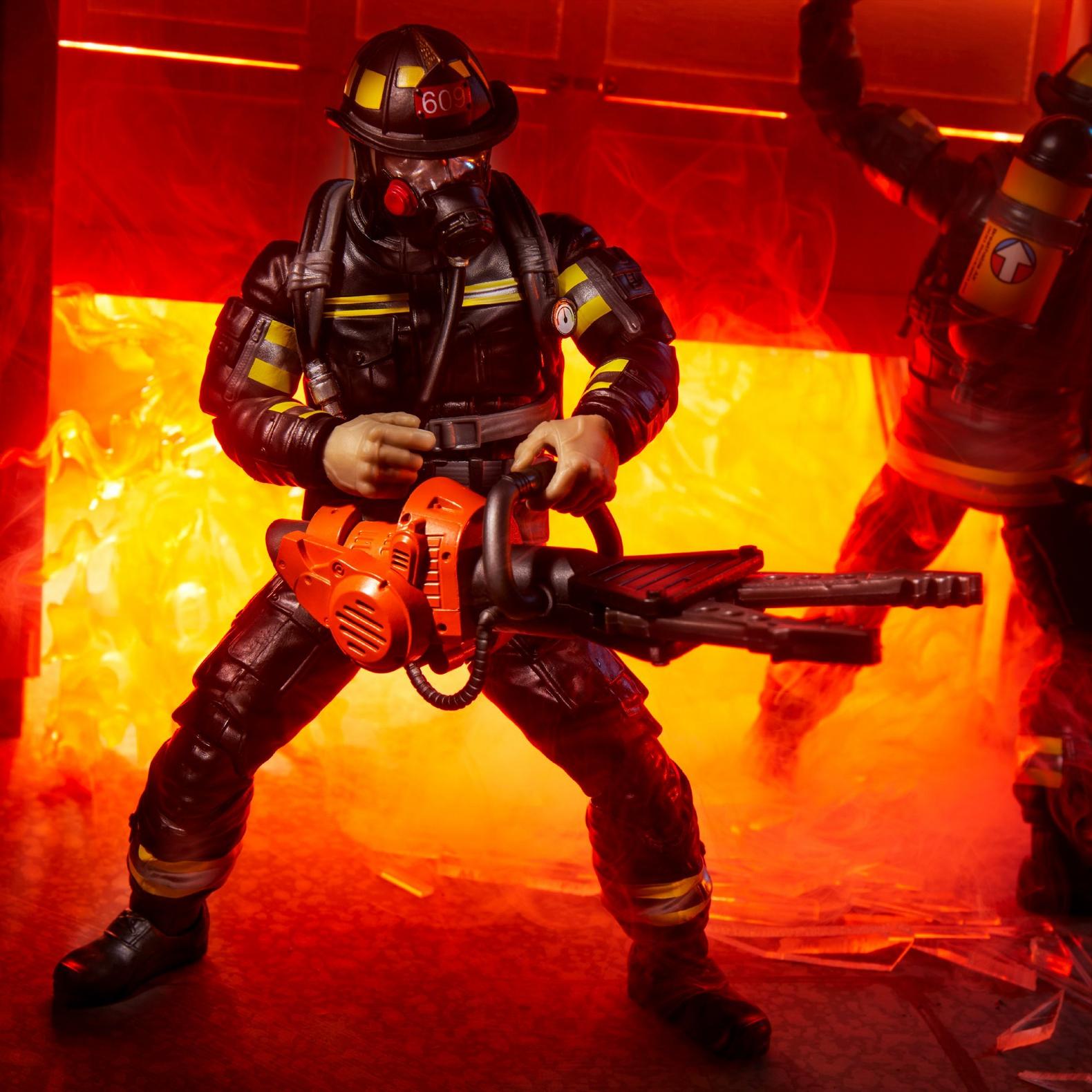 Hasbro G.I. Joe Classified Series Search and Rescue Firefighter action figure posed with chainsaw in fiery background