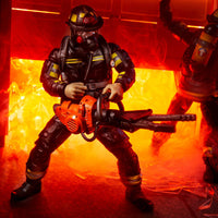 Hasbro G.I. Joe Classified Series Search and Rescue Firefighter action figure posed with chainsaw in fiery background
