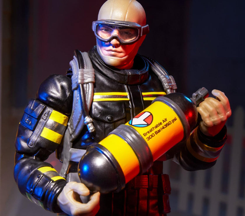 6-inch Hasbro G.I. Joe Classified Series Search & Rescue Firefighter action figure holding air tank with gear details.