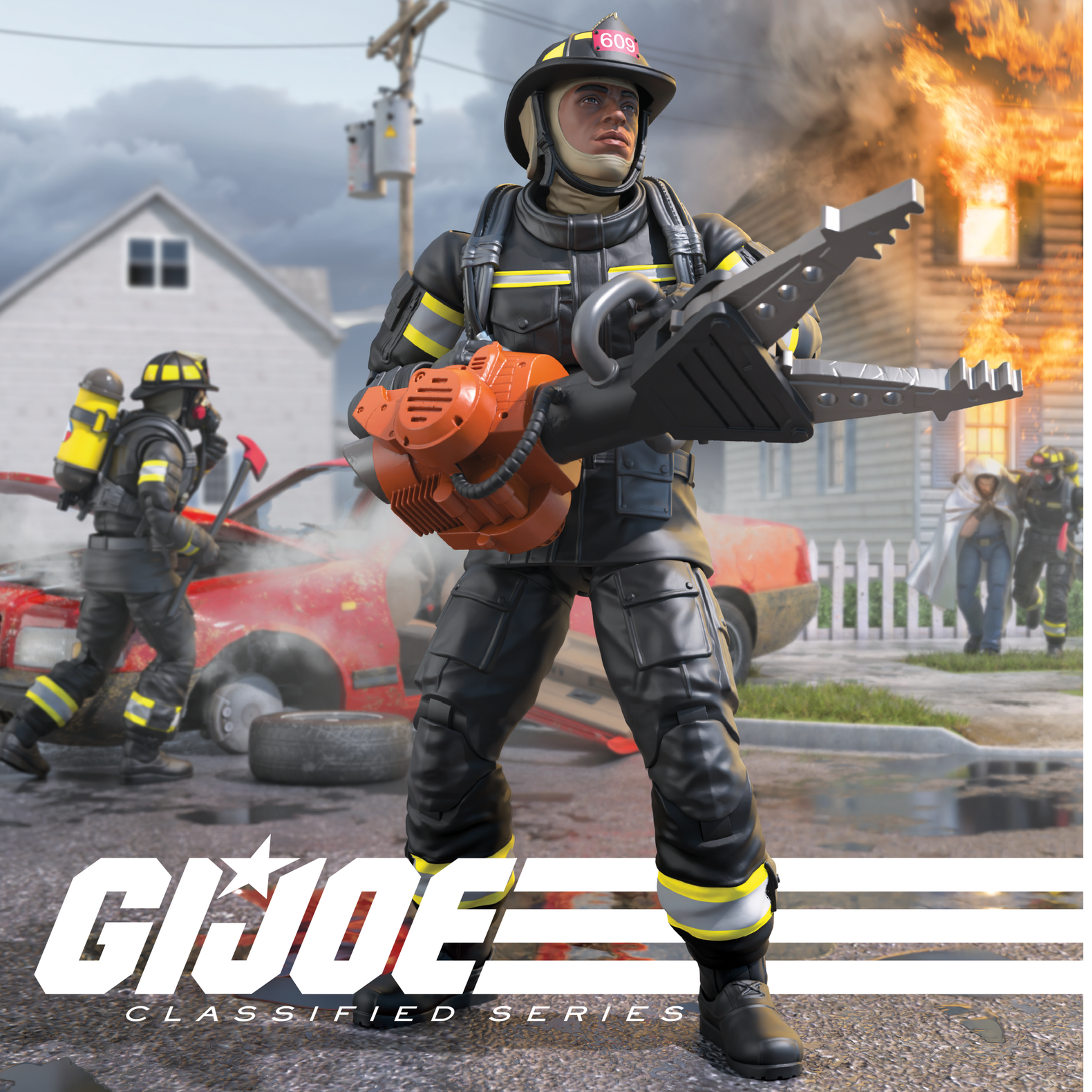 Hasbro G.I. Joe Classified Series Search and Rescue Firefighter action figure with rescue equipment pose