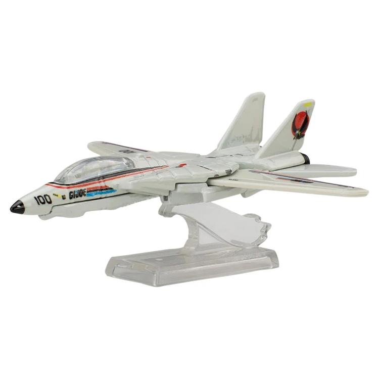 Mattel Hot Wheels diecast G.I. Joe Skystriker F-14 Tomcat with detailed cockpit on clear display stand.