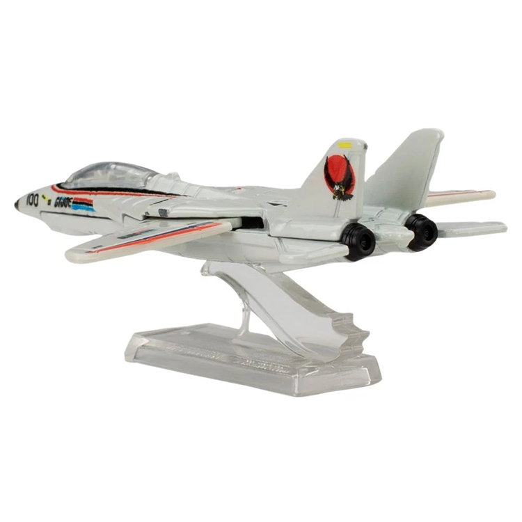 Mattel Hot Wheels diecast GI Joe Skystriker F-14 Tomcat jet on clear display stand with detailed deco and swing wings