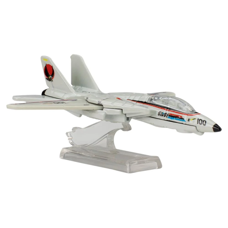 Mattel Hot Wheels diecast G.I. Joe Skystriker F-14 Tomcat jet with authentic details on display stand.