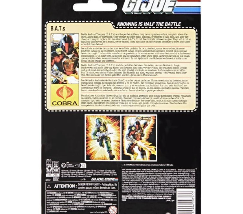 Back packaging of Hasbro G.I. Joe Classified Series Retro Cardback B.A.T. Android Trooper Toy Figure with character info and images