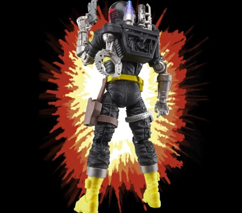 Back view of Hasbro G.I. Joe Classified Series BAT Android Trooper action figure with explosion background