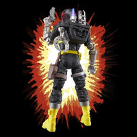 Back view of Hasbro G.I. Joe Classified Series BAT Android Trooper action figure with explosion background