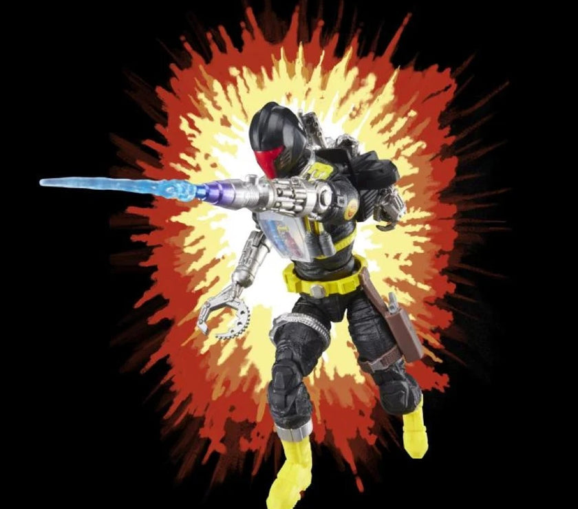 Hasbro G.I. Joe Classified Series Retro BAT Android Trooper action figure with energy weapon and dynamic pose on explosion background