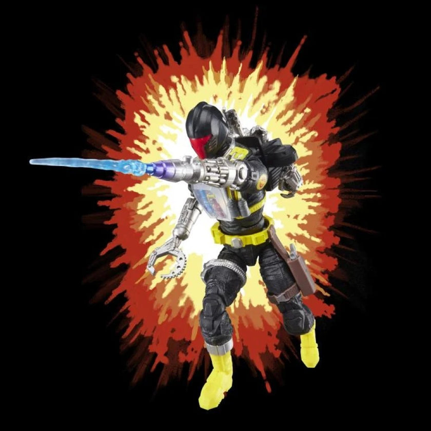 Hasbro G.I. Joe Classified Series Retro BAT Android Trooper action figure with energy weapon and dynamic pose on explosion background