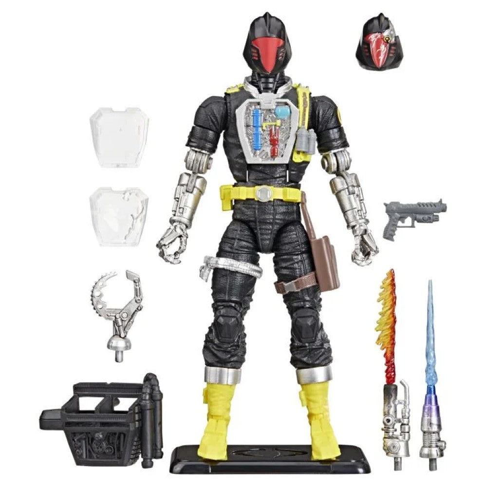 G.I. Joe Classified Series B.A.T. action figure by Hasbro with weapons, accessories, and two helmets on display stand