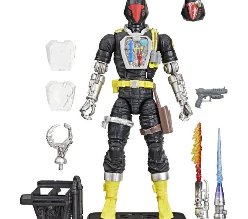 G.I. Joe Classified Series B.A.T. action figure by Hasbro with weapons, accessories, and two helmets on display stand