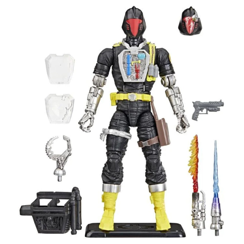 G.I. Joe Classified Series B.A.T. action figure by Hasbro with weapons, accessories, and two helmets on display stand