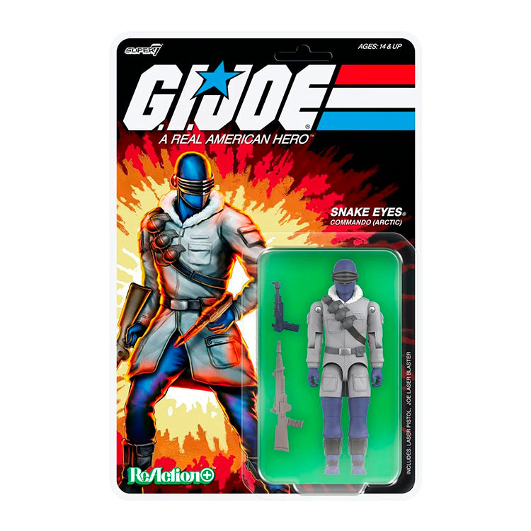 Hasbro G.I. Joe Arctic Snake Eyes ReAction figure in packaging with laser pistol accessories and detailed design