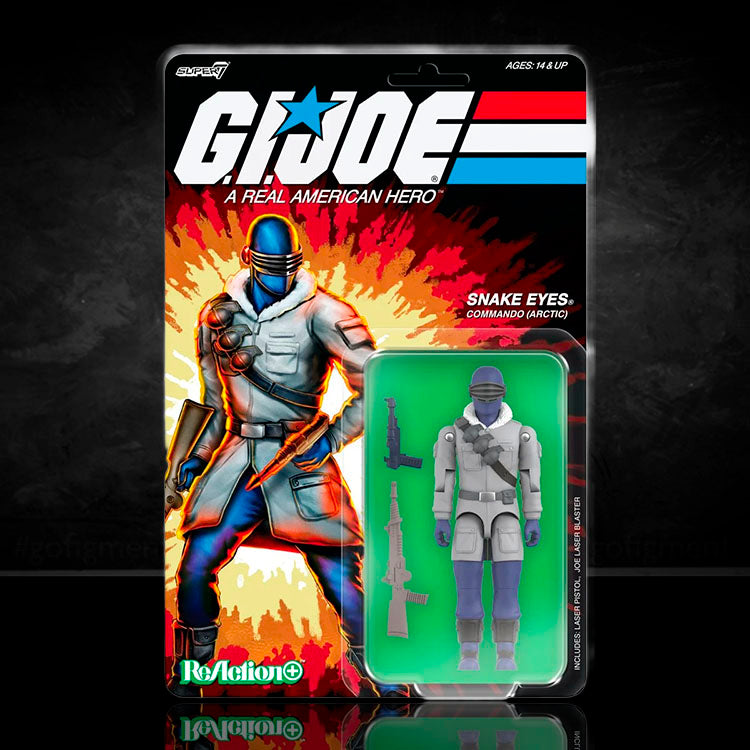 Hasbro G.I. Joe Arctic Snake Eyes action figure in cold weather gear with accessories in blister pack.