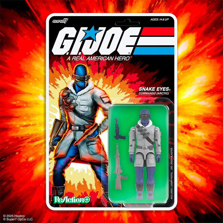 Hasbro G.I. Joe Arctic Snake Eyes action figure with laser pistols in vintage 3.75-inch ReAction+ packaging.