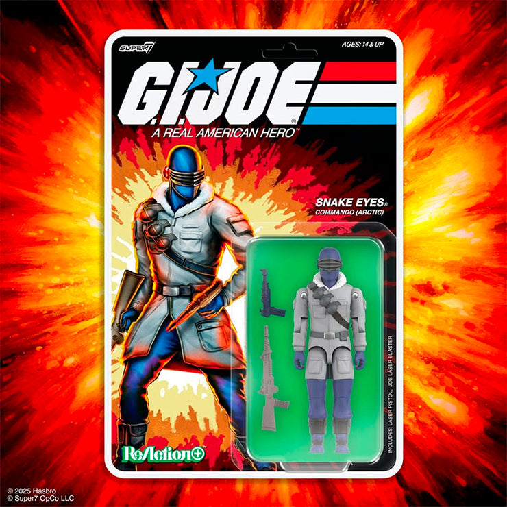 Hasbro G.I. Joe Arctic Snake Eyes action figure with laser pistols in vintage 3.75-inch ReAction+ packaging.