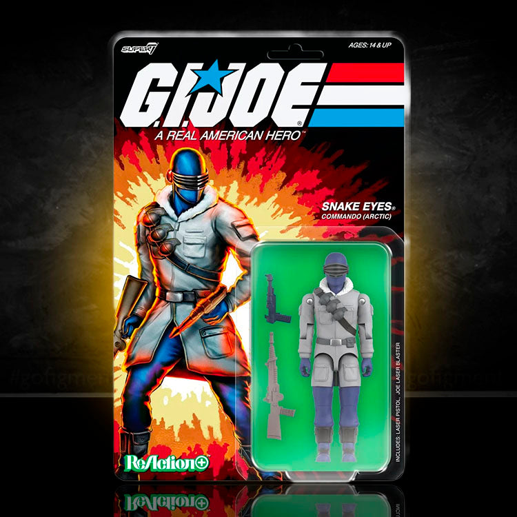 Hasbro G.I. Joe Arctic Snake Eyes 3.75-inch ReAction plus figure with laser pistol accessories and O-ring design.