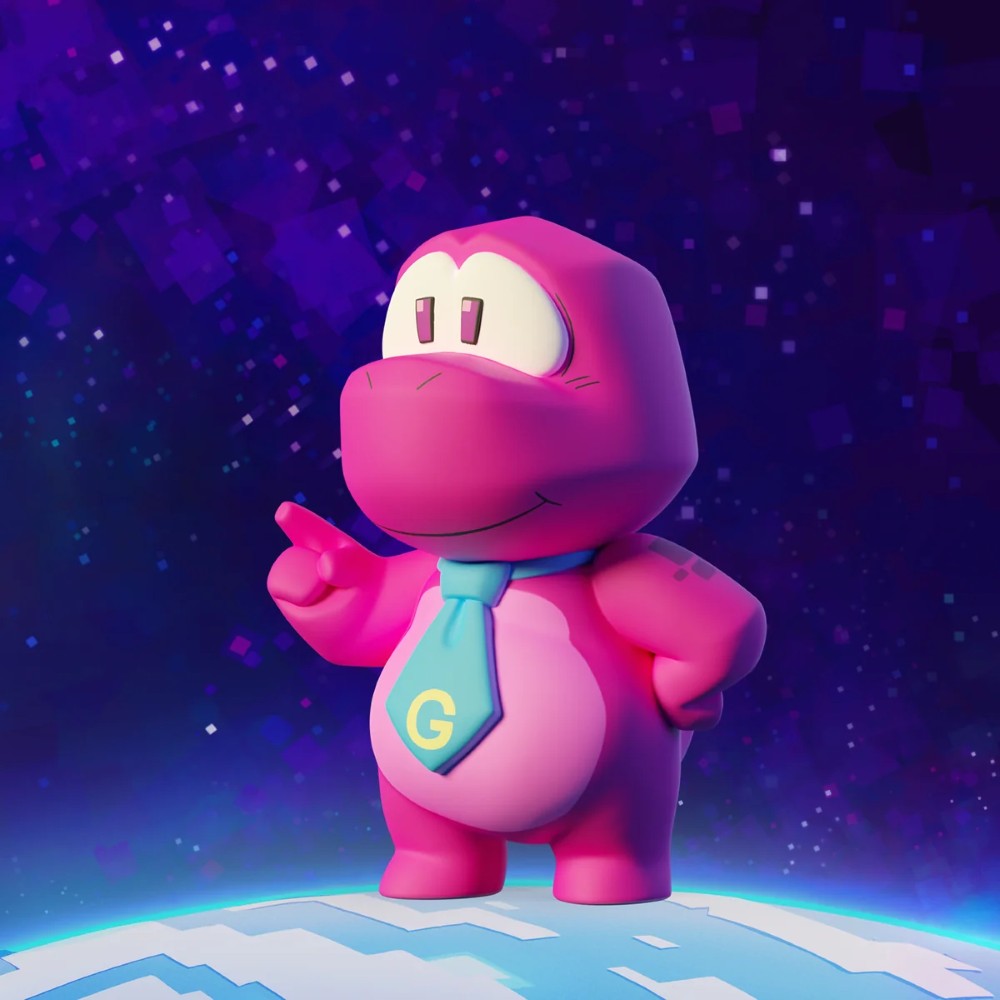 Pink cartoon character with a G emblem tie standing on a glowing platform in a purple space setting
