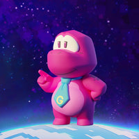 Pink cartoon character with a G emblem tie standing on a glowing platform in a purple space setting