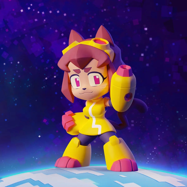 Cartoon character in a yellow suit and helmet holding a large yellow device against a purple starry background