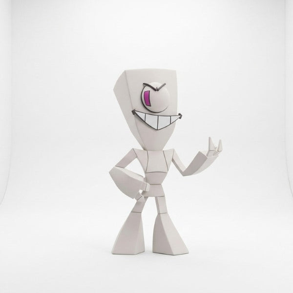 A stylized, low-poly white cartoon figure with a single visible purple eye and black facial features, standing against a clean white studio backdrop.