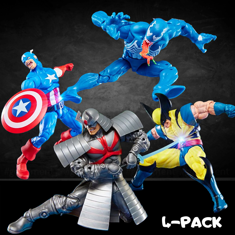 Hasbro Marvel Legends 6-inch figures Captain America, Venom, Wolverine, and Silver Samurai in dynamic battle poses.
