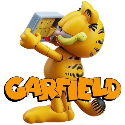 Garfield character holding a newspaper with bold Garfield text