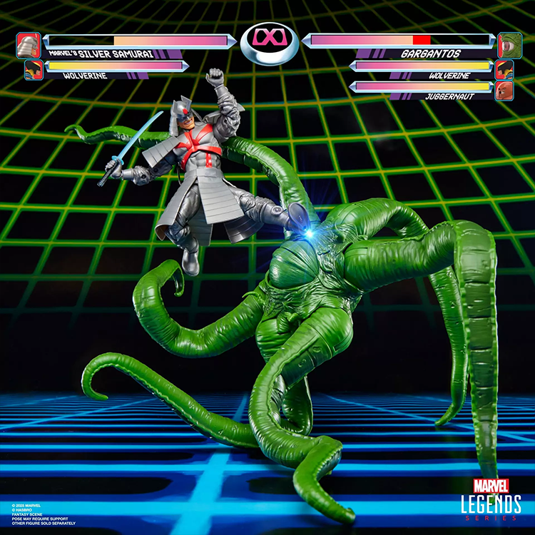 Marvel Legends Gamerverse Gargantos battling Silver Samurai in retro arcade-style video game scene